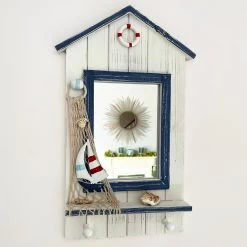 Darthome Limited Wooden Beach Hut Nautical Bathroom Wall Mirror 2x Key Hooks