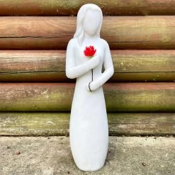 Darthome Limited Woman With Red Rose Garden Ornament - White Marble Resin