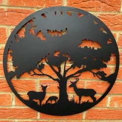 Darthome Limited Black Metal Round Tree Deer Silhouette Wall Art
