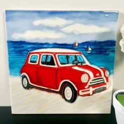 Darthome Limited Red Car On Beach Ceramic Tile Wall Art
